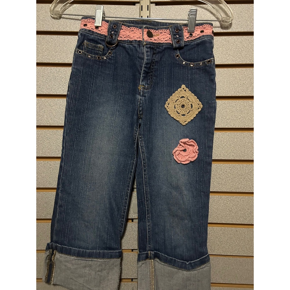 Mary-Kate and Ashley Girls Blue Denim Capri Jeans Crochet Lace Pink Size 10 Y2K